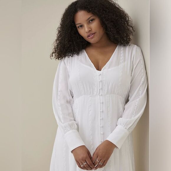 Torid White Button-Down Long Sleeve Dress Lined Slip Embroidered XXL Cottagecore - Picture 2 of 13